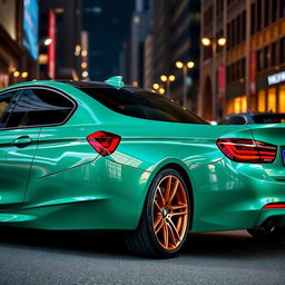 A BMW 320i showcased with a vibrant green moonlight color, enhancing its sleek and modern design