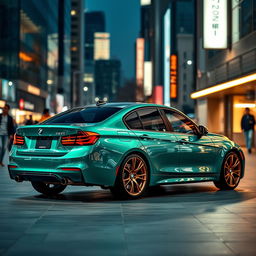 A BMW 320i showcased with a vibrant green moonlight color, enhancing its sleek and modern design