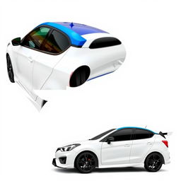 A modified 2023 Maruti Suzuki Baleno in pristine white, enhanced with sleek side skirts, a blue roof for a striking contrast, and a sporty rear spoiler wing