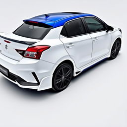 A modified 2023 Maruti Suzuki Baleno in pristine white, enhanced with sleek side skirts, a blue roof for a striking contrast, and a sporty rear spoiler wing