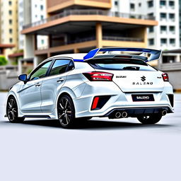 A modified 2023 Maruti Suzuki Baleno in white color, featuring stylish side skirts, a contrasting blue roof, and an extra-wide rear wing spoiler