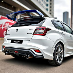 A modified 2023 Maruti Suzuki Baleno in white color, featuring stylish side skirts, a contrasting blue roof, and an extra-wide rear wing spoiler