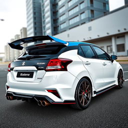 A modified 2023 Maruti Suzuki Baleno in white color, featuring stylish side skirts, a contrasting blue roof, and an extra-wide rear wing spoiler