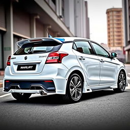 A modified 2023 Maruti Suzuki Baleno in white color, featuring stylish side skirts, a contrasting blue roof, and an extra-wide rear wing spoiler