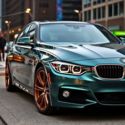 A BMW 320i showcased with a dark green moonlight color, enhancing its sleek and modern design