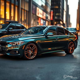 A BMW 320i showcased with a dark green moonlight color, enhancing its sleek and modern design