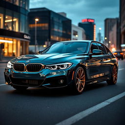 A BMW 320i showcased with a dark green moonlight color, enhancing its sleek and modern design