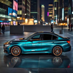 A BMW 320i showcased with a dark green moonlight color, enhancing its sleek and modern design