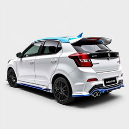 A modified 2023 Maruti Suzuki Baleno in white color featuring stylish side skirts and a contrasting blue roof