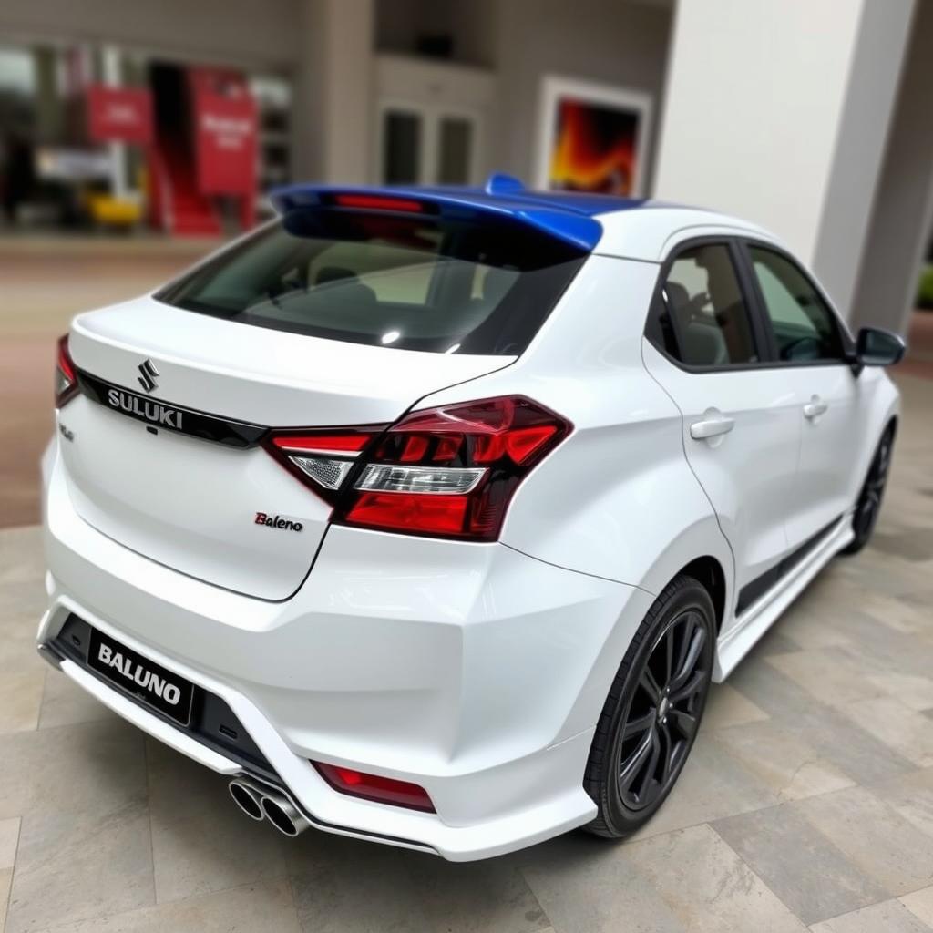 A modified 2023 Maruti Suzuki Baleno in white color featuring stylish side skirts and a contrasting blue roof