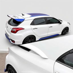 A modified 2023 Maruti Suzuki Baleno in white color featuring stylish side skirts and a contrasting blue roof