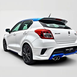 A modified 2023 Maruti Suzuki Baleno in white color featuring stylish side skirts and a contrasting blue roof