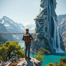 An architect with light hair stands with his back to us, leaning on trekking poles, atop a rock adorned with flowers