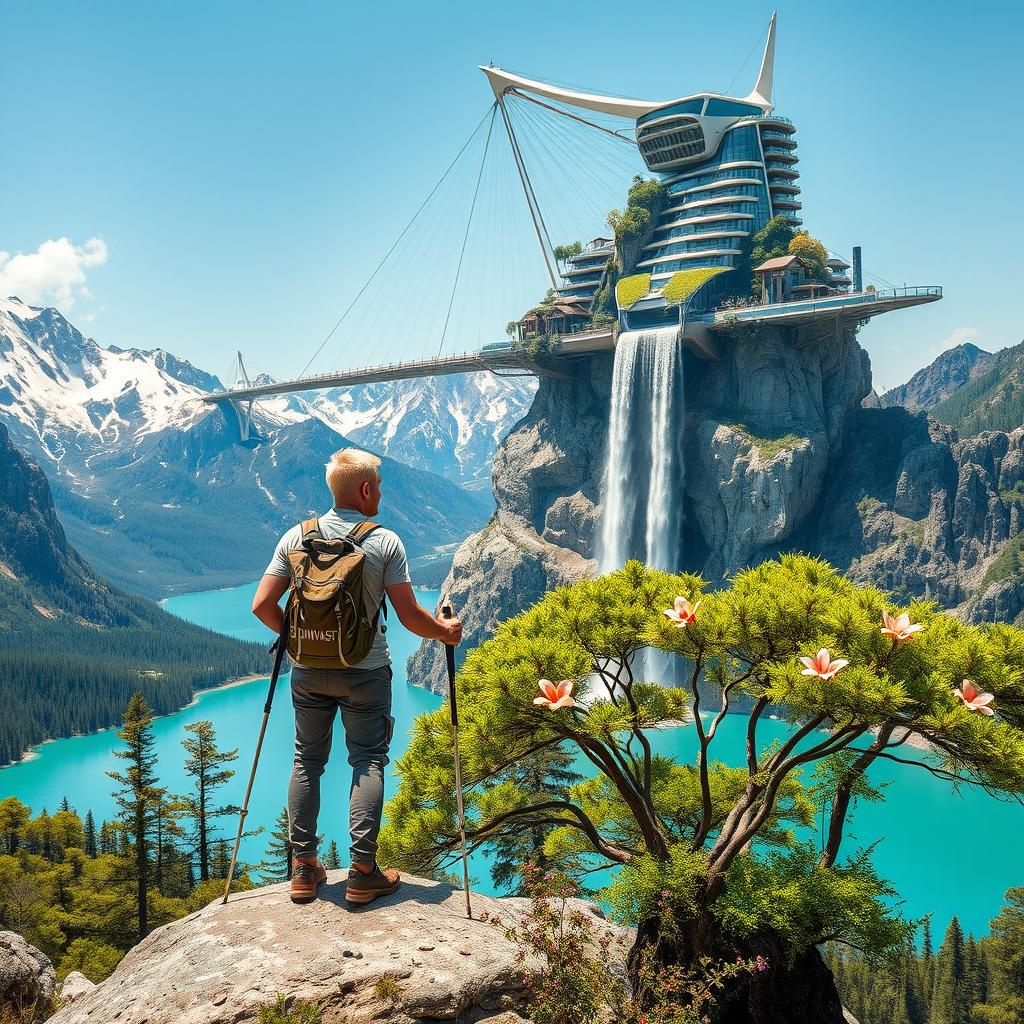 An architect with light hair stands with his back to us, leaning on trekking poles, atop a rock adorned with flowers