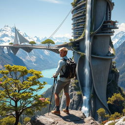 An architect with light hair stands with his back to us, leaning on trekking poles, atop a rock adorned with flowers