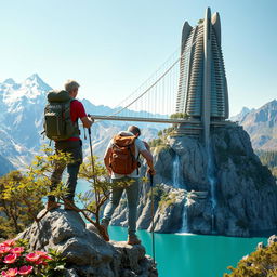 An architect with light hair stands with his back to us, leaning on trekking poles, atop a rock adorned with flowers