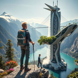 An architect with light hair stands with his back to us, leaning on trekking poles, atop a rock adorned with flowers