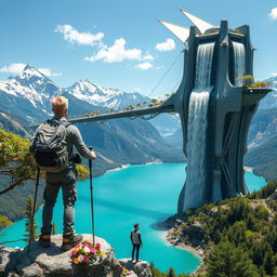 An architect with light hair stands with his back to us, leaning on trekking poles, atop a rock adorned with flowers