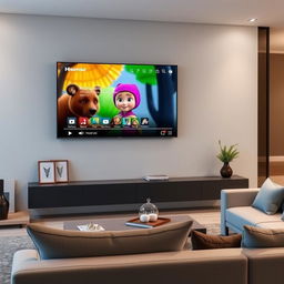 A stylish and modern living room featuring the Hisense 75U9G television prominently on the wall