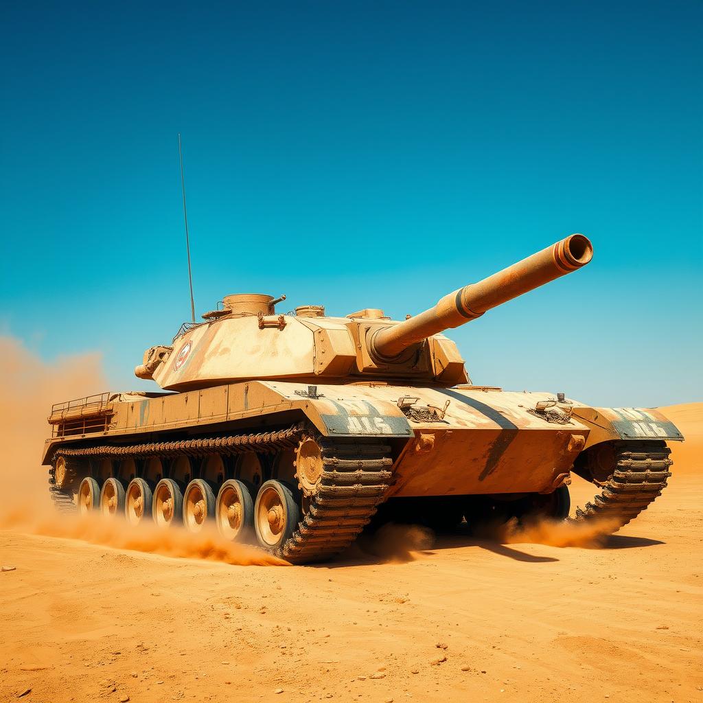 A massive, battle-worn military tank positioned in a wide-open desert landscape under the scorching sun