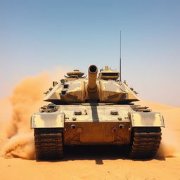 A massive, battle-worn military tank positioned in a wide-open desert landscape under the scorching sun