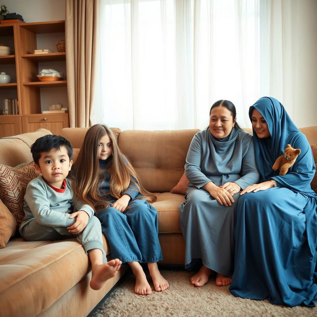 A living room scene with a boy sitting next to a girl from the neighborhood