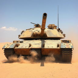 A massive, battle-worn military tank positioned in a wide-open desert landscape under the scorching sun