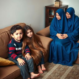 A living room scene with a boy sitting next to a girl from the neighborhood