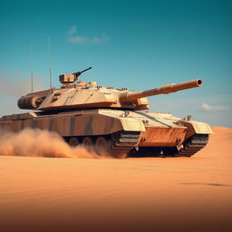 A massive, battle-worn military tank positioned in a wide-open desert landscape under the scorching sun