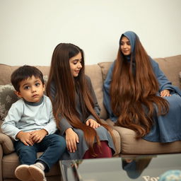 A living room scene with a boy sitting next to a girl from the neighborhood