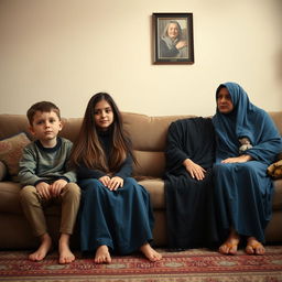 A living room scene with a boy sitting next to a girl from the neighborhood