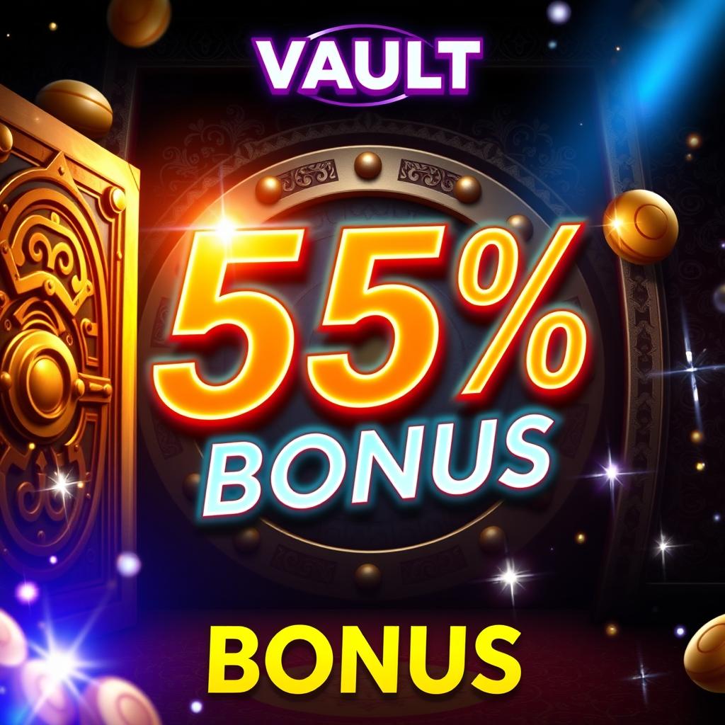 A dynamic promotion banner for the popular game Vault, featuring a striking 55% bonus offer