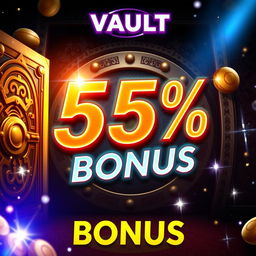 A dynamic promotion banner for the popular game Vault, featuring a striking 55% bonus offer