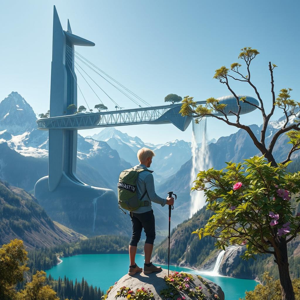 An architect with light hair stands with his back to us, leaning on trekking poles, atop a flower-covered rock, positioned below the skyscraper