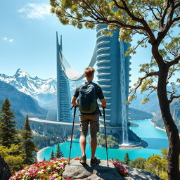 An architect with light hair stands with his back to us, leaning on trekking poles, atop a flower-covered rock, positioned below the skyscraper