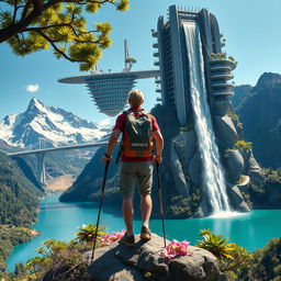 An architect with light hair stands with his back to us, leaning on trekking poles, atop a flower-covered rock, positioned below the skyscraper