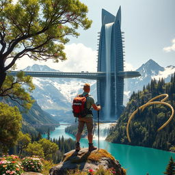 An architect with light hair stands with his back to us, leaning on trekking poles, atop a flower-covered rock, positioned below the skyscraper