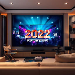 A dynamic scene capturing a 2022-themed celebration of 20th Century Studios, displayed vividly on a high-definition television