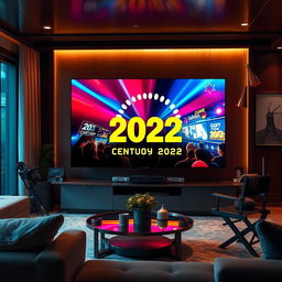 A dynamic scene capturing a 2022-themed celebration of 20th Century Studios, displayed vividly on a high-definition television