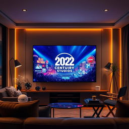 A dynamic scene capturing a 2022-themed celebration of 20th Century Studios, displayed vividly on a high-definition television