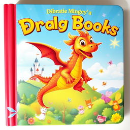 An imaginative and colorful children's book cover featuring a playful dragon with friendly eyes and bright scales, soaring above a magical forest