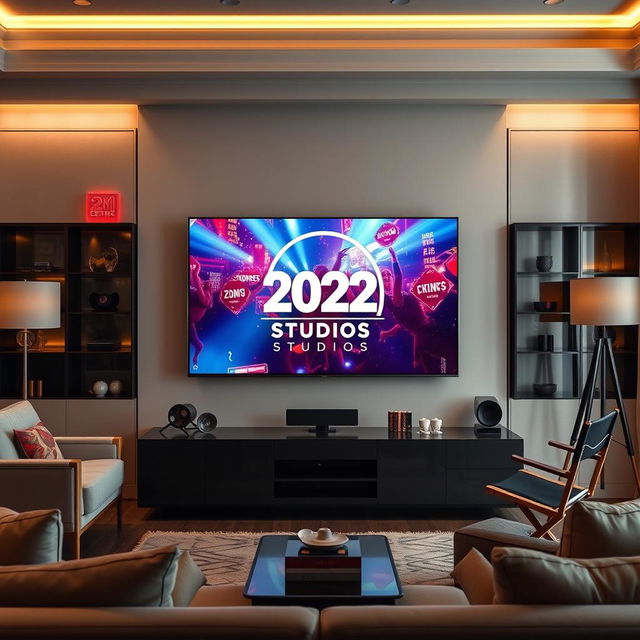 A dynamic scene capturing a 2022-themed celebration of 20th Century Studios, displayed vividly on a high-definition television