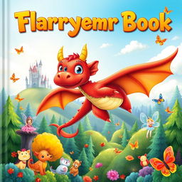 An imaginative and colorful children's book cover featuring a playful dragon with friendly eyes and bright scales, soaring above a magical forest