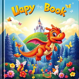 An imaginative and colorful children's book cover featuring a playful dragon with friendly eyes and bright scales, soaring above a magical forest