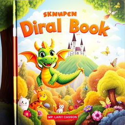 An imaginative and colorful children's book cover featuring a playful dragon with friendly eyes and bright scales, soaring above a magical forest