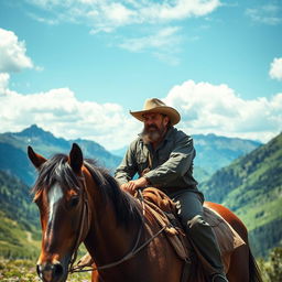 A rugged man with a weathered cowboy hat riding a strong, majestic horse through a scenic mountain landscape