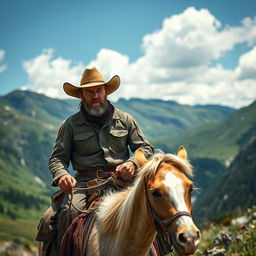 A rugged man with a weathered cowboy hat riding a strong, majestic horse through a scenic mountain landscape