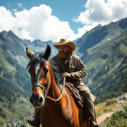 A rugged man with a weathered cowboy hat riding a strong, majestic horse through a scenic mountain landscape