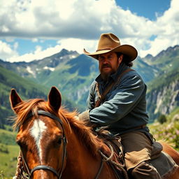 A rugged man with a weathered cowboy hat riding a strong, majestic horse through a scenic mountain landscape