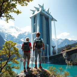 An architect with light hair stands with his back to us, leaning on trekking poles, on a flower-covered rock, below a skyscraper